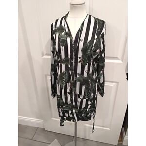 NWT Plush Black White Stripe Tropical Leaf Print Duster Kimono Jacket 4669/4876